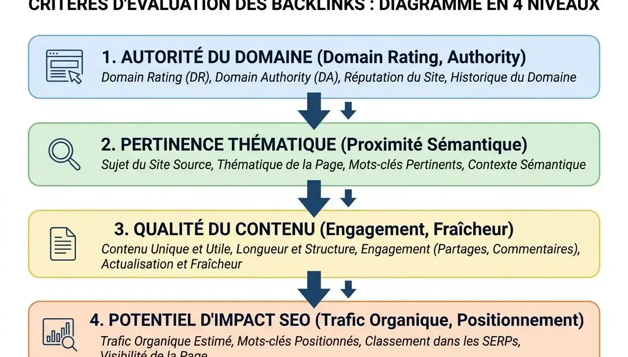 Diagramme en 4 niveaux pour évaluer un backlink de qualité : autorité, pertinence thématique, qualité du contenu et potentiel SEO.
