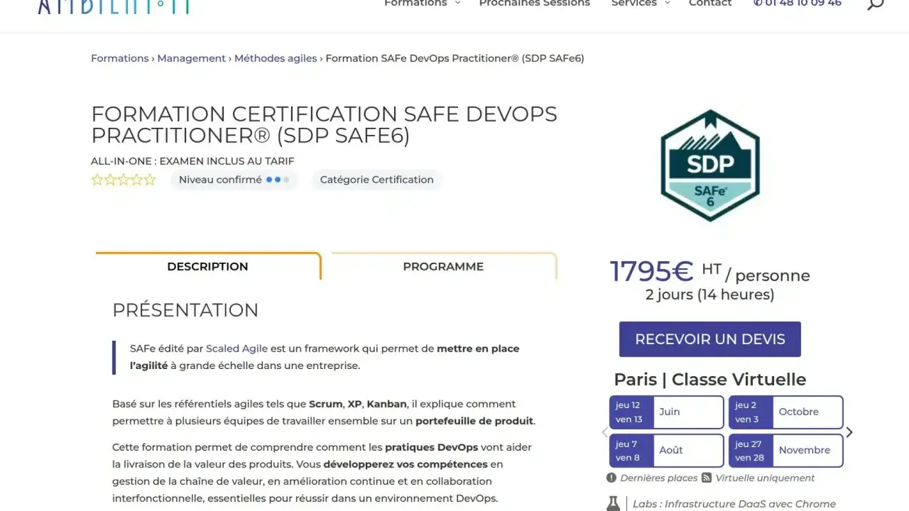 Formation certification SAFe DevOps Practitioner pour devenir un chef de projet agile certifié.
