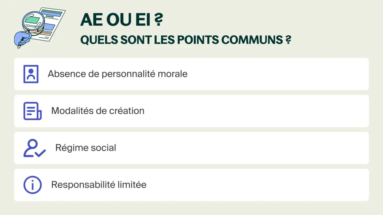 Points communs entre AE et EI : absence de personnalité morale, modalités de création, régime social, responsabilité limitée. L'avantage entreprise individuelle est ici détaillé.