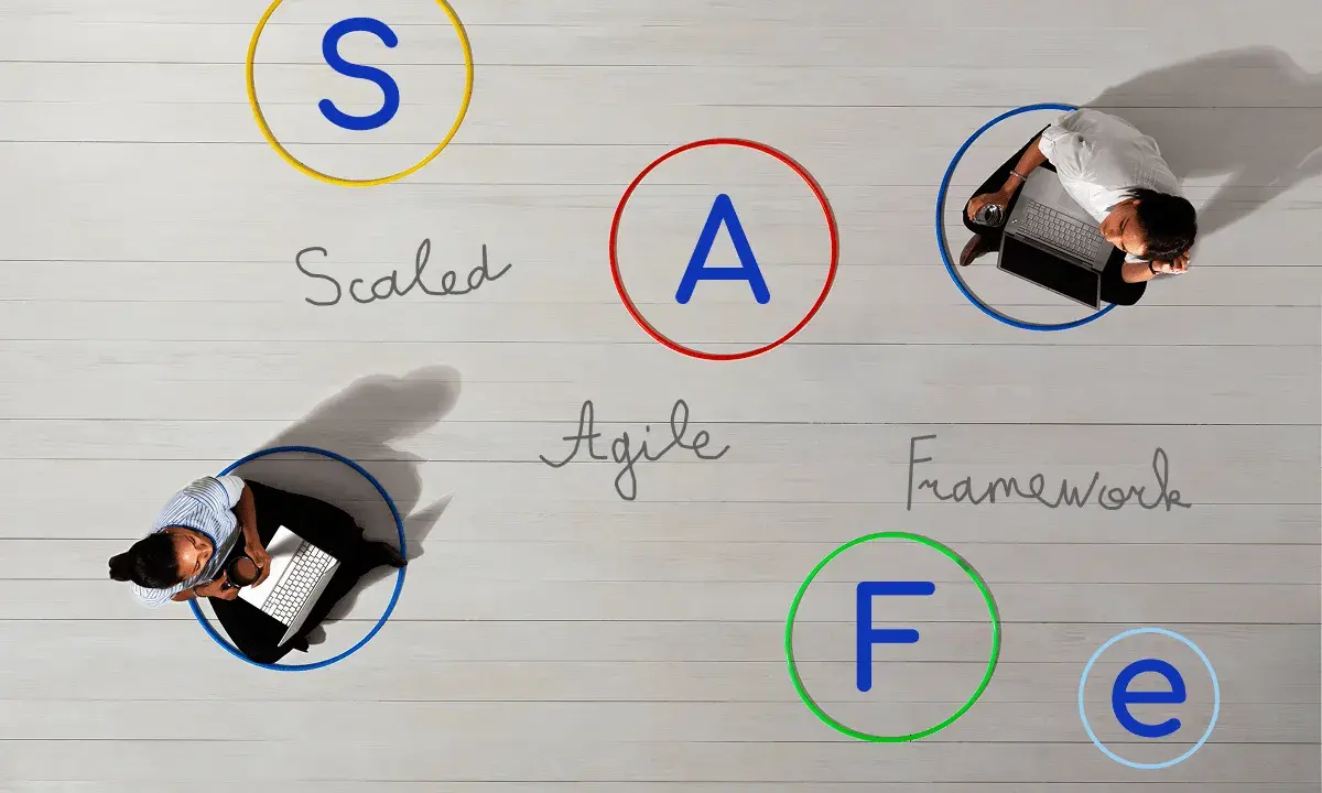 Des personnes travaillent sur des ordinateurs, entourées de cercles avec les lettres S, A, F, E. Le mot "Agile à l'échelle" est écrit.