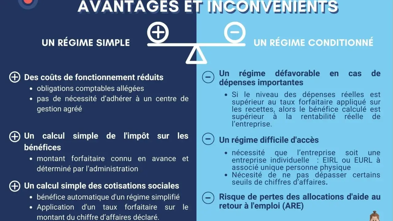 Avantage micro entreprise : régime simple avec coûts réduits et calculs simplifiés, mais régime conditionné avec dépenses importantes et accès difficile.