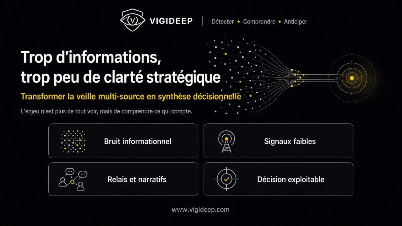 VIGIDEEP transforme la veille multi-source en synthèse décisionnelle. L'image illustre ce type de veille avec des concepts comme "Bruit informationnel", "Signaux faibles", "Relais et narratifs" et "Décision exploitable".