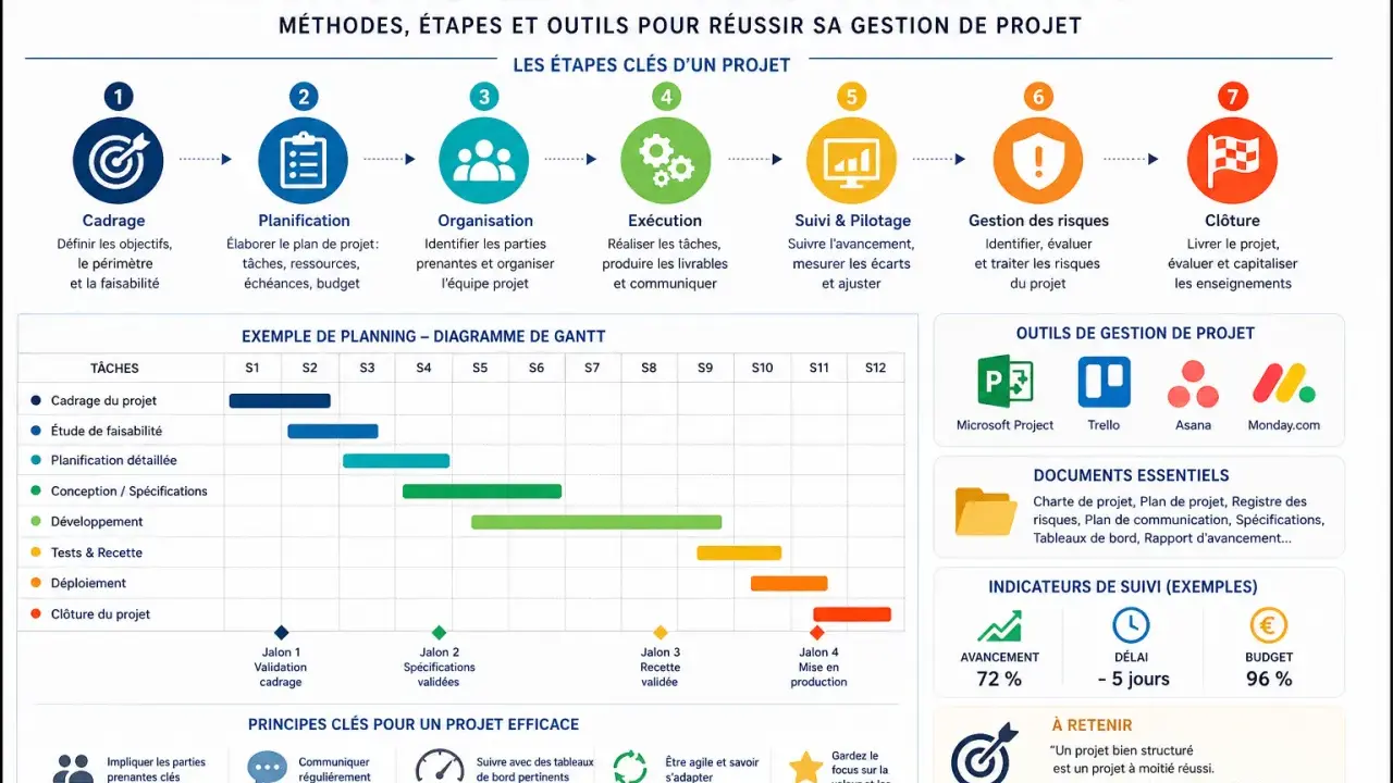 Un modèle de plan de projet illustre les 7 étapes clés, un diagramme de Gantt, des outils et des principes pour une gestion de projet réussie.