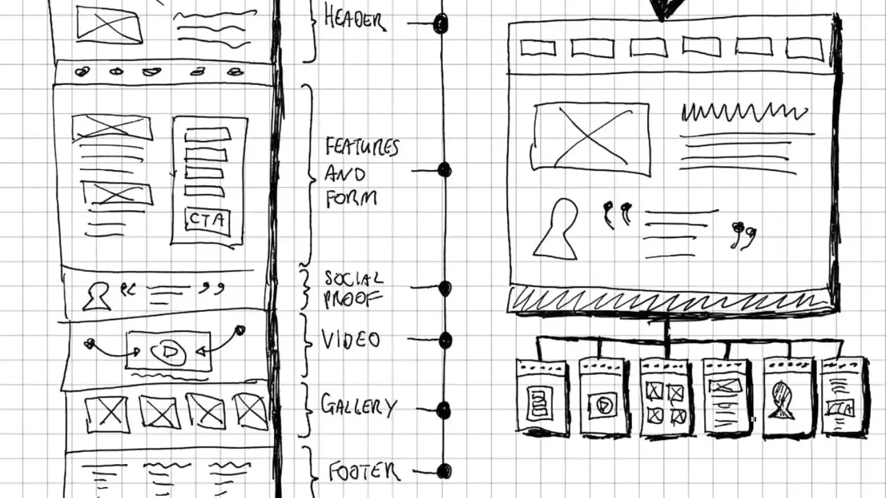 Schéma d'une page web montrant les éléments clés pour une conversion : header, features, CTA, preuve sociale, vidéo, galerie, footer.