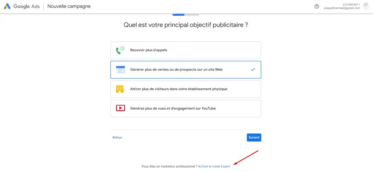 Interface Google Ads pour créer une campagne. L'utilisateur choisit un objectif, comme "Générer plus de ventes". Une option pour activer le mode Expert est visible.