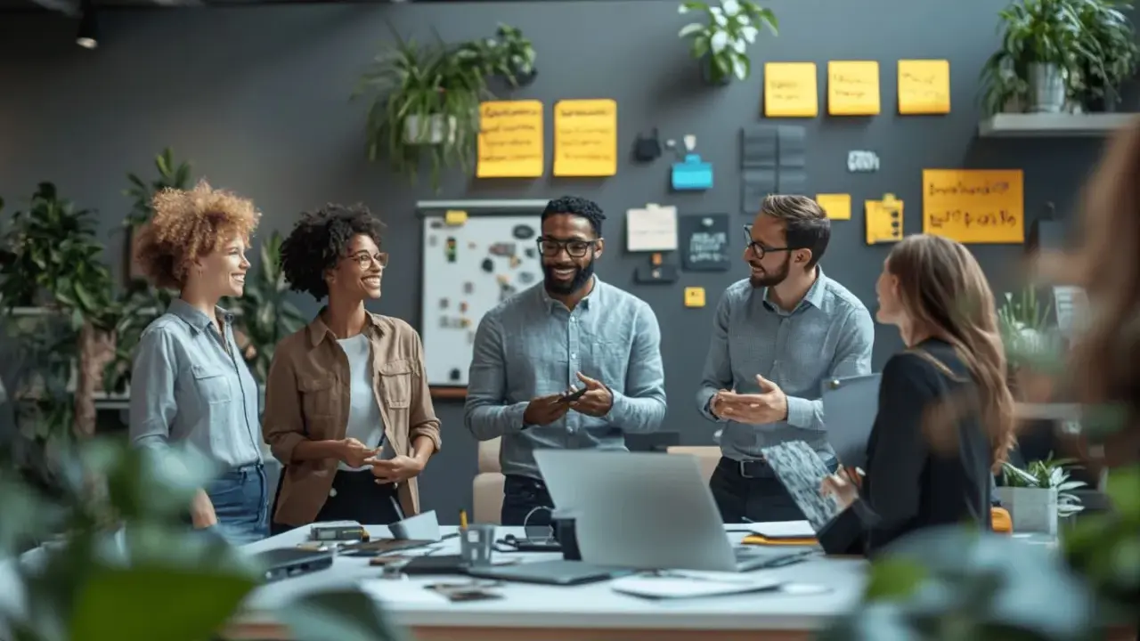 Cinq collègues discutent dans un bureau moderne, illustrant une **société** dynamique et collaborative.