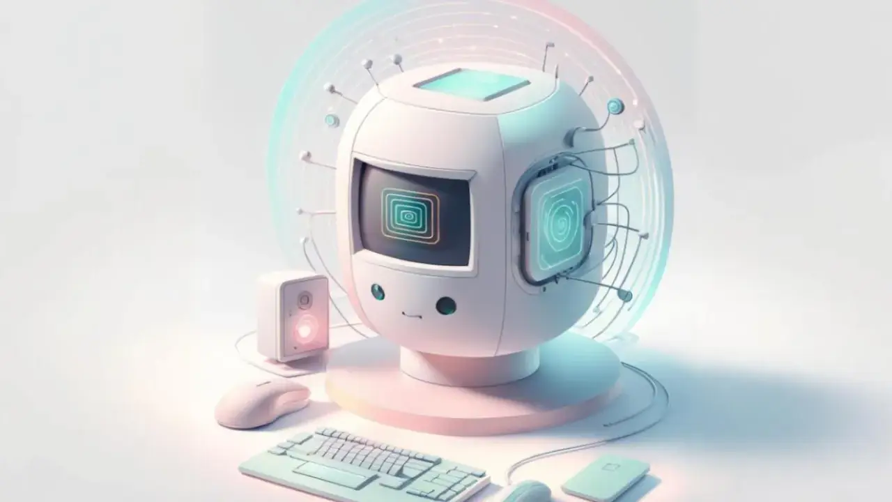 Un ordinateur au design futuriste, entouré d'accessoires, symbolise un expert en communication digitale.