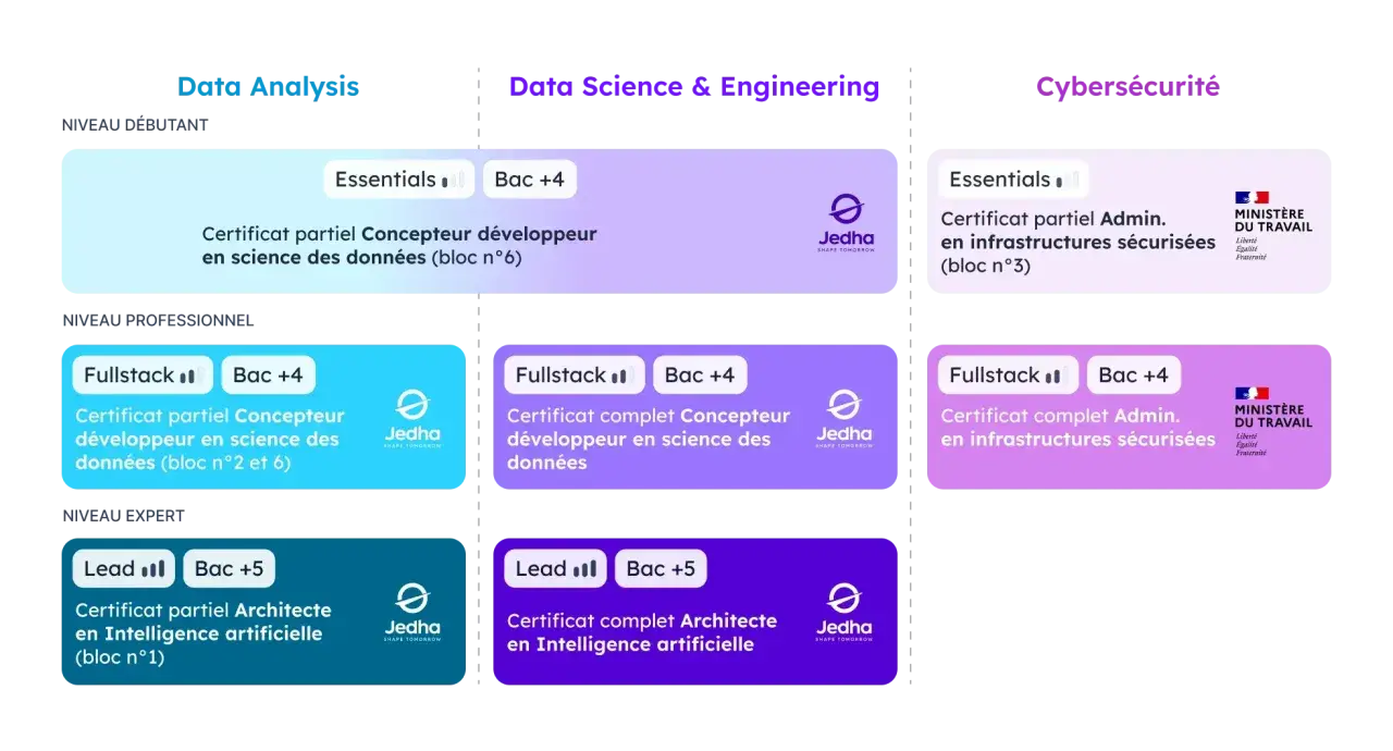 Parcours de formation Jedha : Data Analysis, Data Science & Engineering, Cybersécurité. Devenir data analyst ou expert IA.