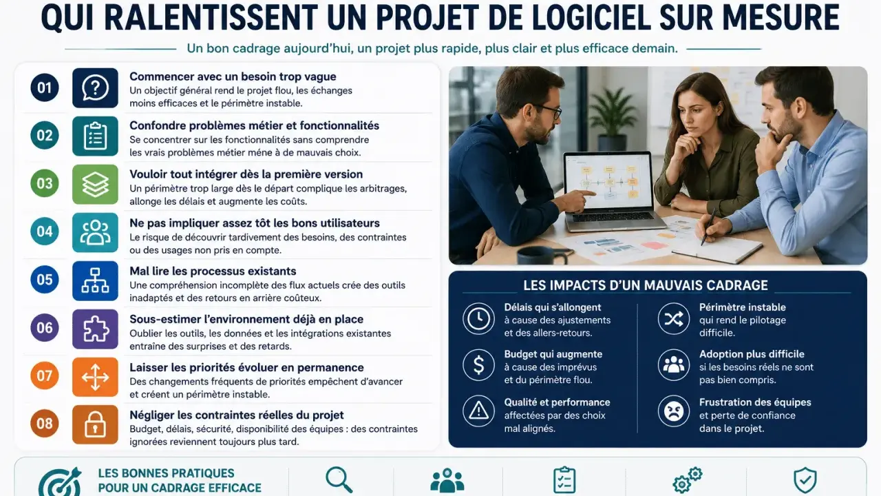 Un plan de test bien défini est crucial. L'image montre des erreurs de cadrage qui ralentissent un projet logiciel, avec des impacts sur les délais et le budget.