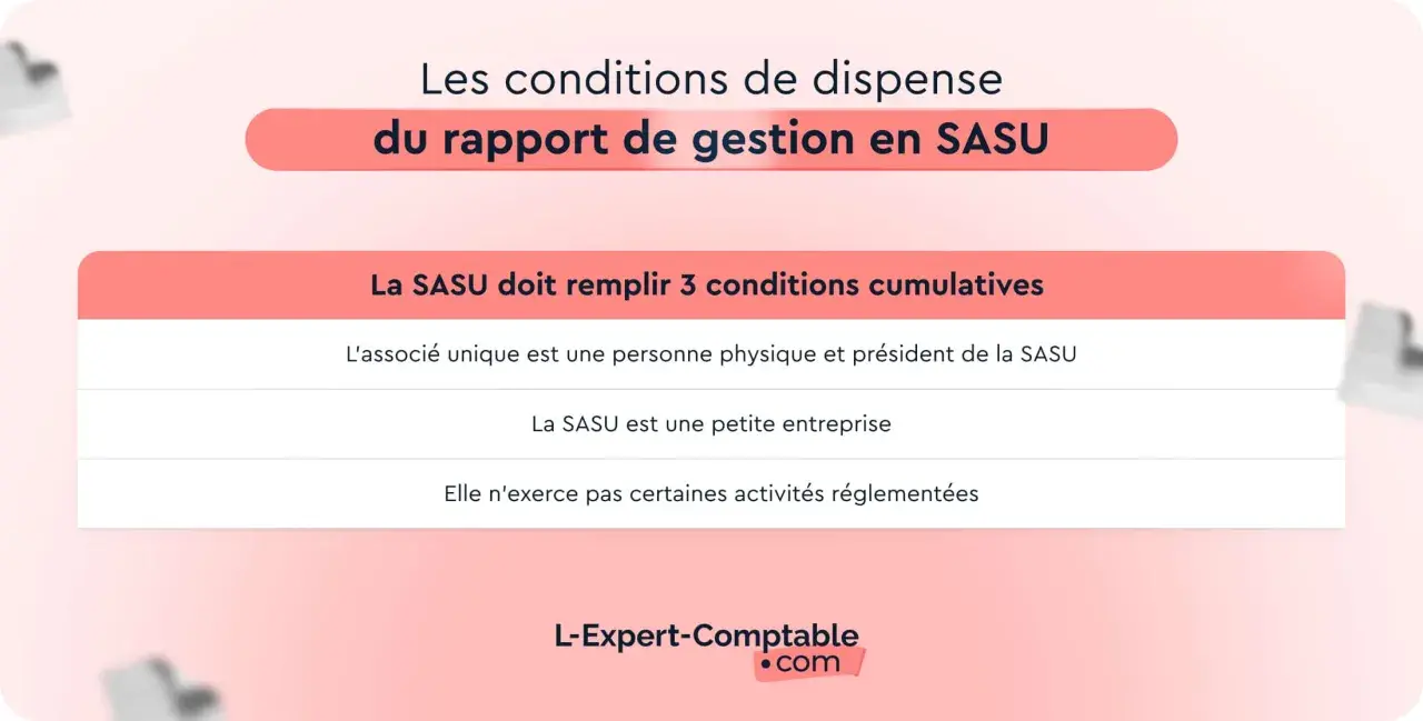 Les conditions de dispense du rapport de gestion en SASU : l'associé unique est une personne physique, la SASU est une petite entreprise et n'exerce pas d'activités réglementées.