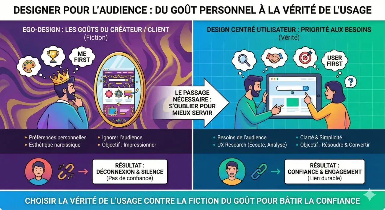 Comparaison entre l'ego-design (fiction) et le design centré utilisateur (vérité) pour la structure d'une page web. Le premier mène à la déconnexion, le second à la confiance.