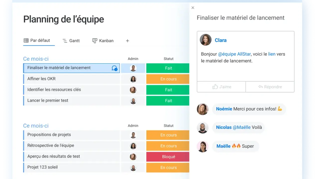 Tableau de planification d'équipe. Un exemple de note de cadrage pour "Finaliser le matériel de lancement" est visible, avec des statuts "Fait" et "En cours".