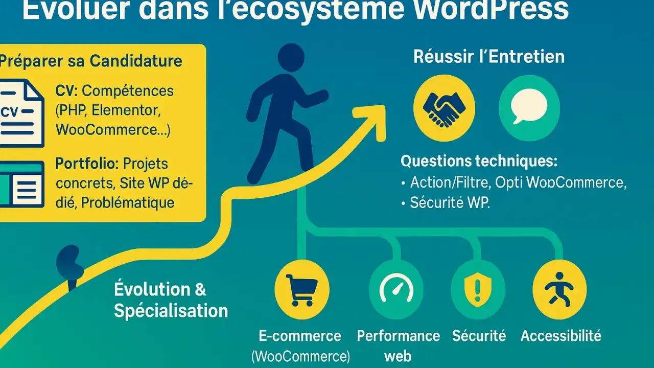Guide pour évoluer dans l'écosystème WordPress : CV, portfolio, entretien, et spécialisations comme le webmaster WordPress.
