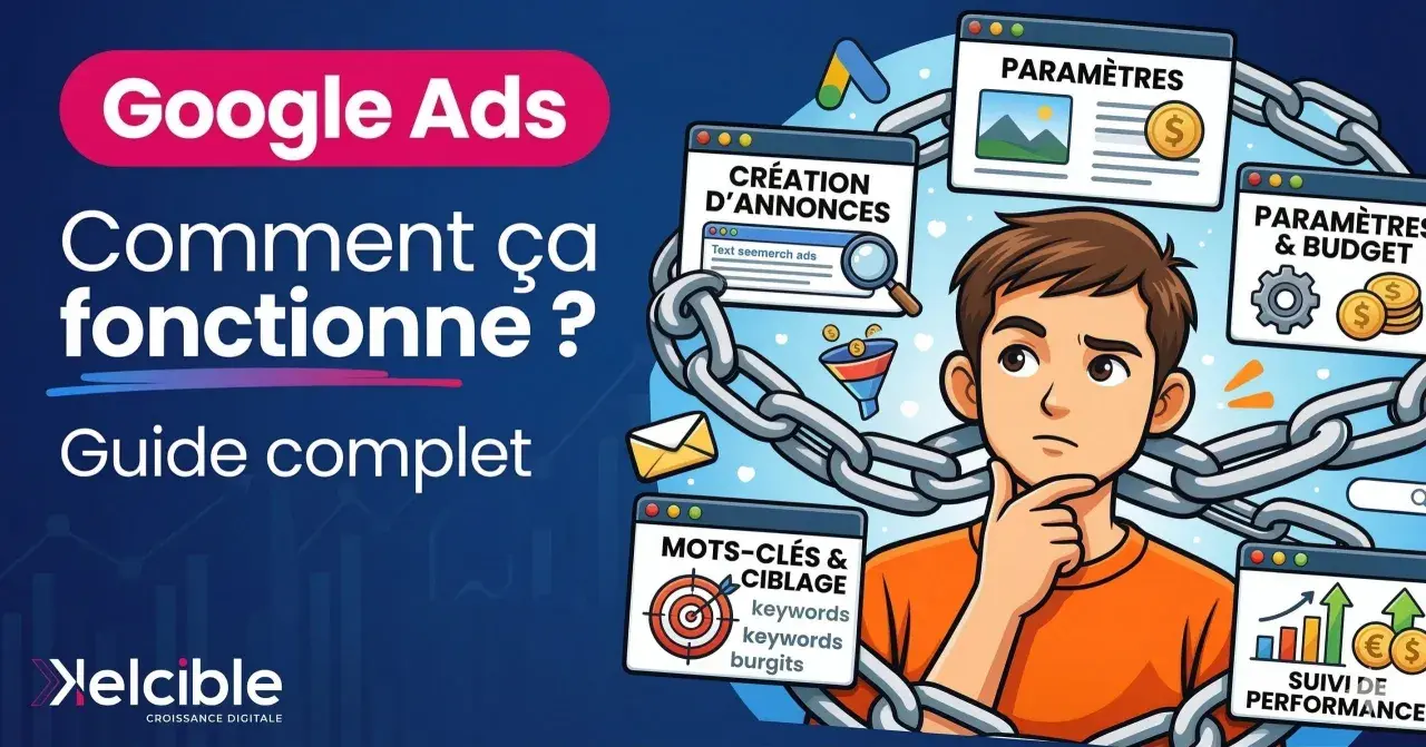 Un jeune homme réfléchit aux étapes d'une campagne intelligente Google Ads : création d'annonces, mots-clés, paramètres et suivi.