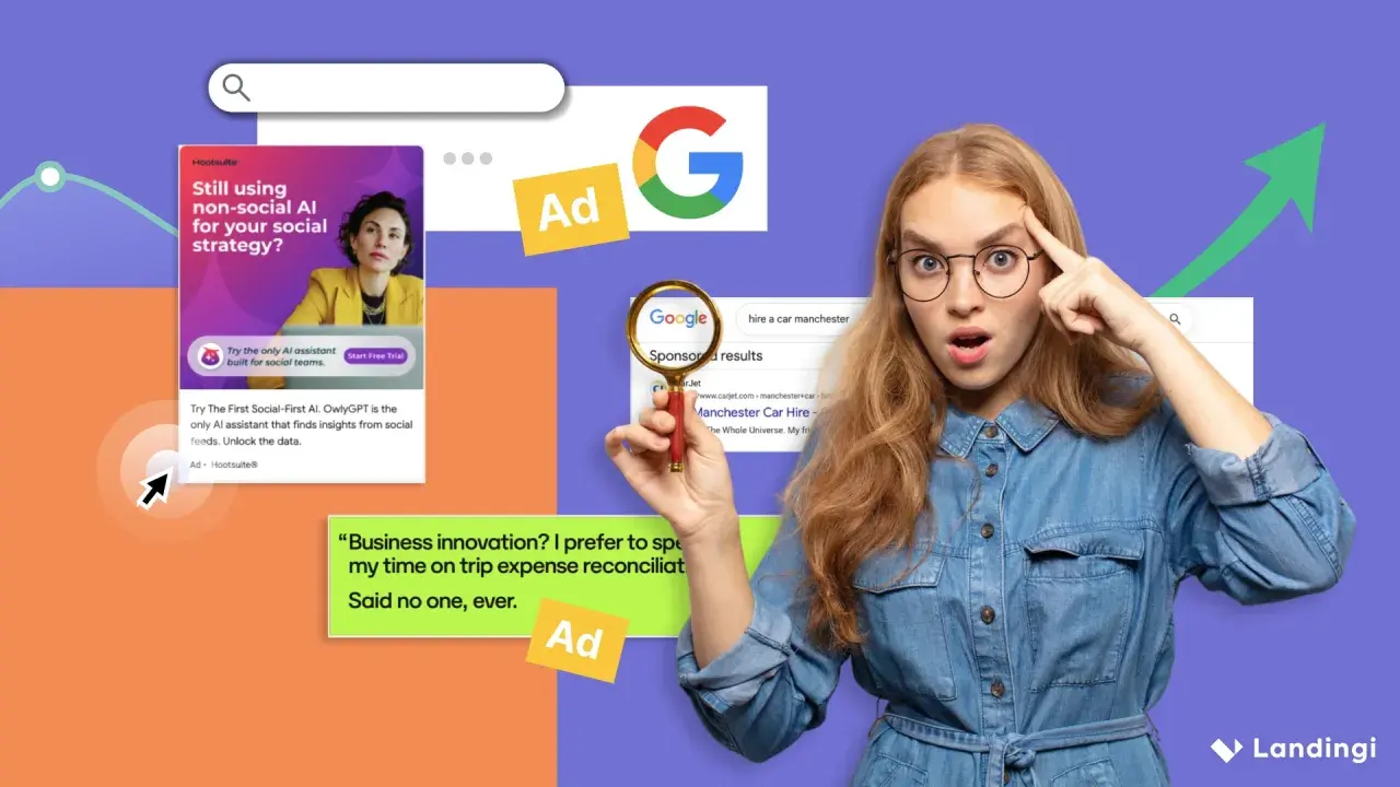 Une jeune femme perplexe examine des exemples de Google Ads, dont une publicité Hootsuite et des résultats sponsorisés pour la location de voitures.