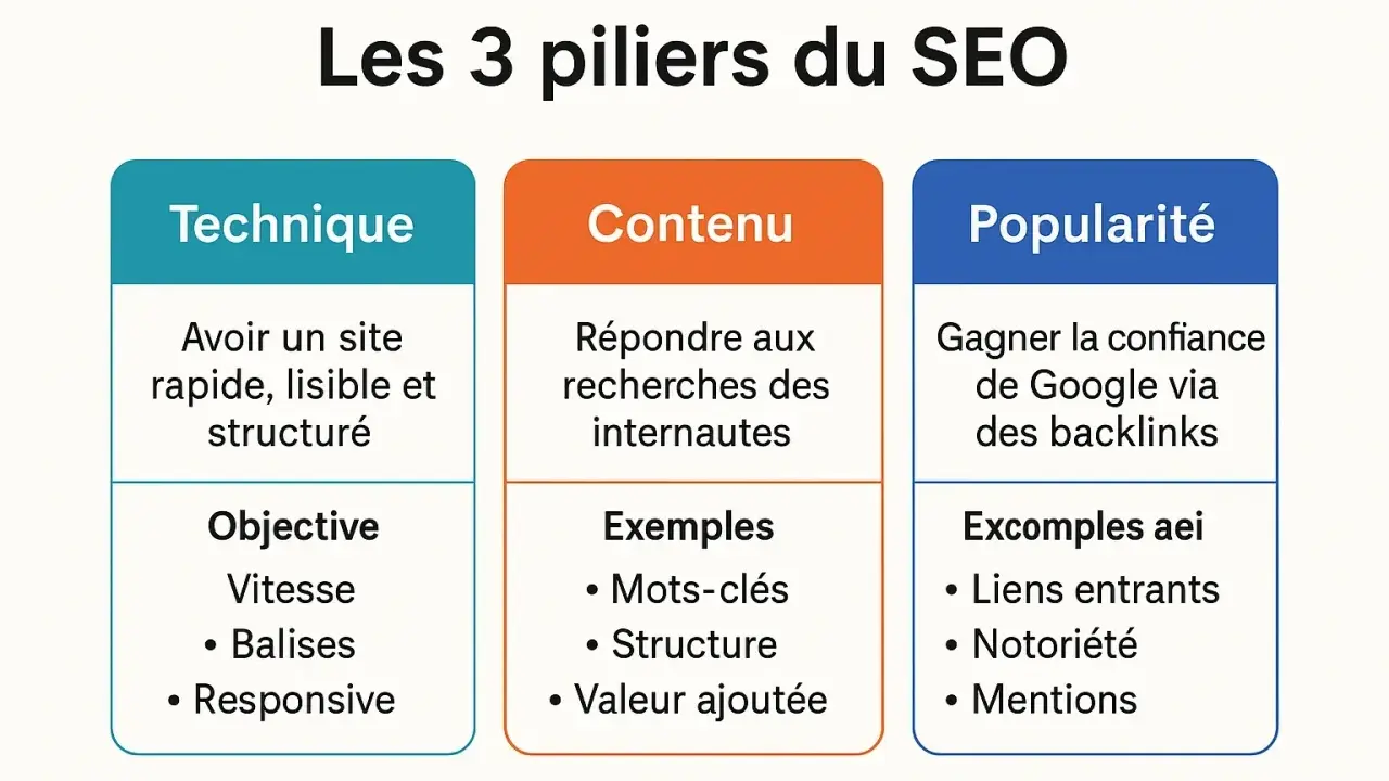 Les 3 piliers du SEO : Technique, Contenu (avec mots-clés pour le referencement Google) et Popularité.