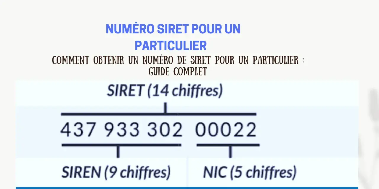 Explication du numéro SIRET pour un particulier. Un exemple de numéro SIRET (14 chiffres) est montré, divisé en SIREN (9 chiffres) et NIC (5 chiffres).