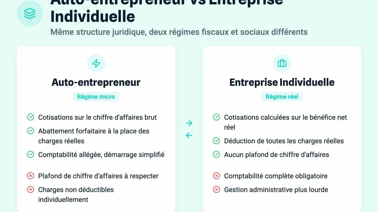 Comparaison auto-entrepreneur vs entreprise individuelle. Le régime micro de l'auto-entrepreneur a un plafond de chiffre d'affaires, contrairement au régime réel.