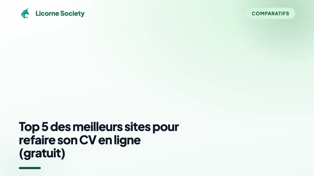 Top 5 des meilleurs sites pour refaire son CV en ligne gratuitement. Le logo Licorne Society et le mot "Comparatifs" sont visibles.