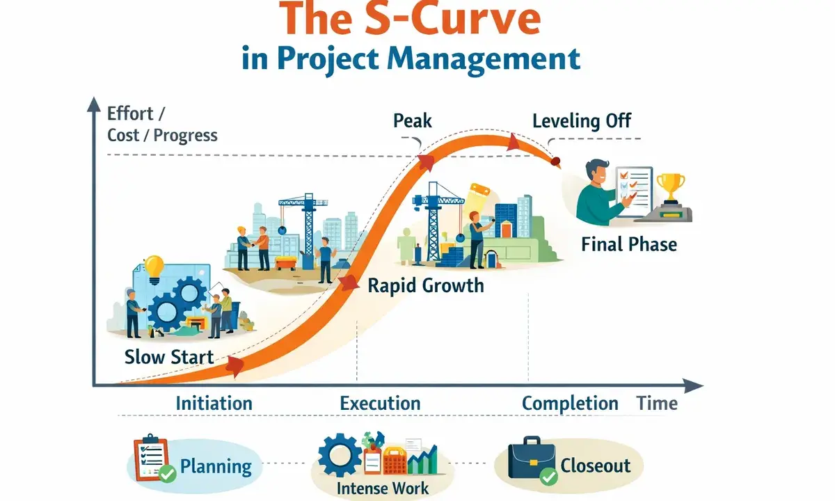 Graphique illustrant la courbe en s de la gestion de projet, du démarrage lent à la phase finale avec succès.