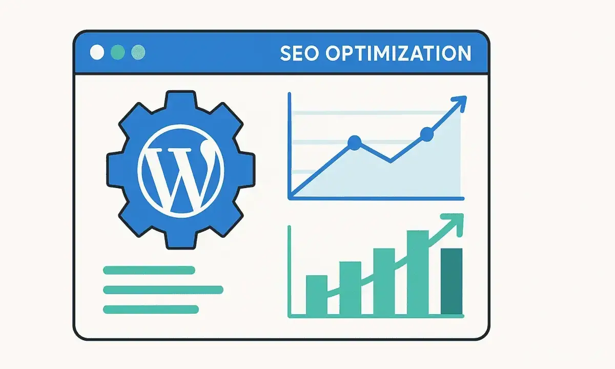 Icône WordPress et graphiques montrant l'optimisation SEO. Un outil pour booster votre visibilité en ligne.