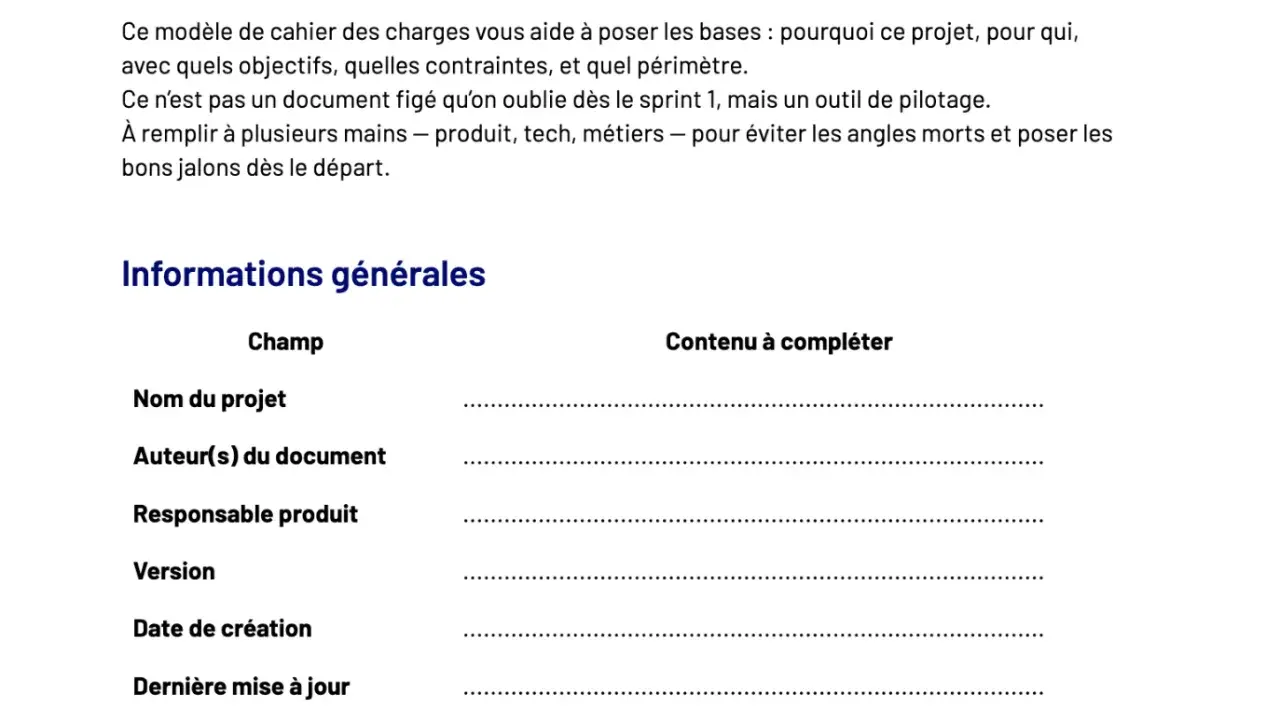 Modèle de cahier des charges pour un logiciel métier, avec champs pour les informations générales du projet.