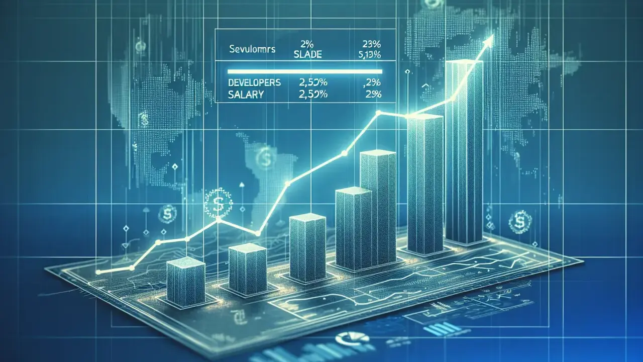 Graphique montrant une tendance à la hausse, avec des barres et une ligne de tendance. Il affiche des données sur le salaire des développeurs, suggérant une augmentation du salaire informaticien bac+5.