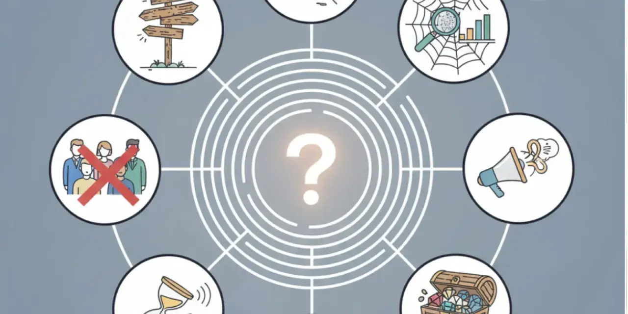 Schéma visuel représentant une analyse de la demande, avec des icônes : panneau directionnel, groupe de personnes barré, sablier, coffre au trésor, mégaphone, toile d'araignée avec loupe, et un point d'interrogation central.