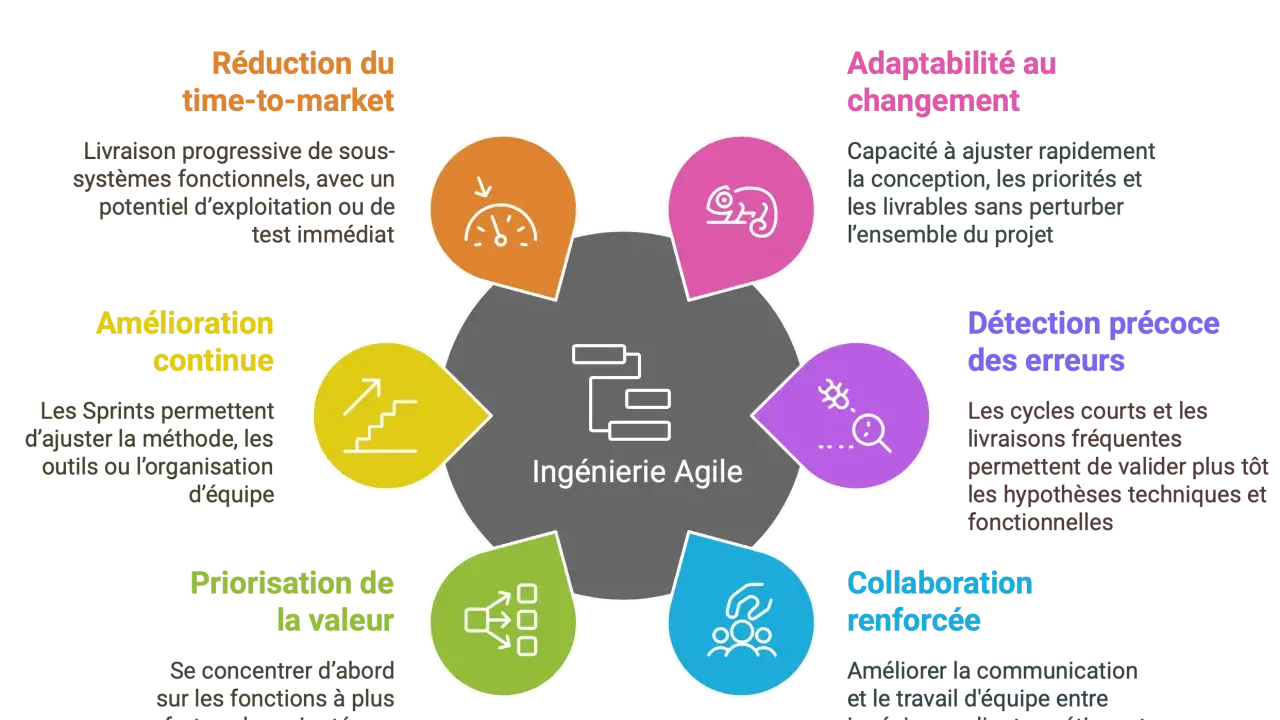 Schéma illustrant les bénéfices de l'ingénierie Agile pour une gestion de projet complexe : réduction du time-to-market, amélioration continue, priorisation, adaptabilité, détection d'erreurs et collaboration.