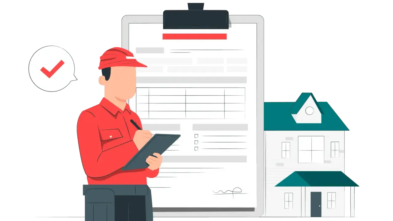 Un homme en uniforme rouge prépare les documents pour ouvrir une conciergerie. Une maison est à côté, symbolisant le service.