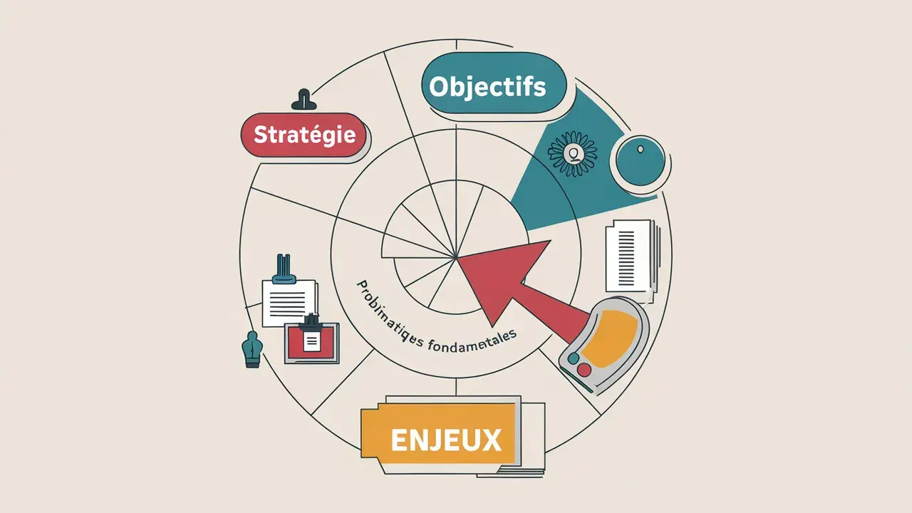 Schéma illustrant la différence entre enjeux et objectifs. Une flèche rouge pointe vers les objectifs, issus de la stratégie et des problématiques fondamentales.