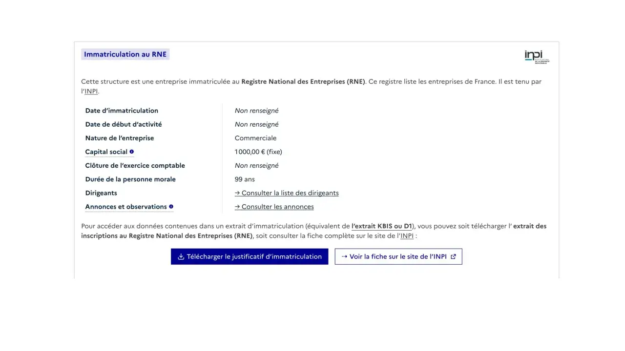 Extrait RNE : informations sur une entreprise immatriculée au Registre National des Entreprises. Détails sur la nature, le capital et la durée de la personne morale.