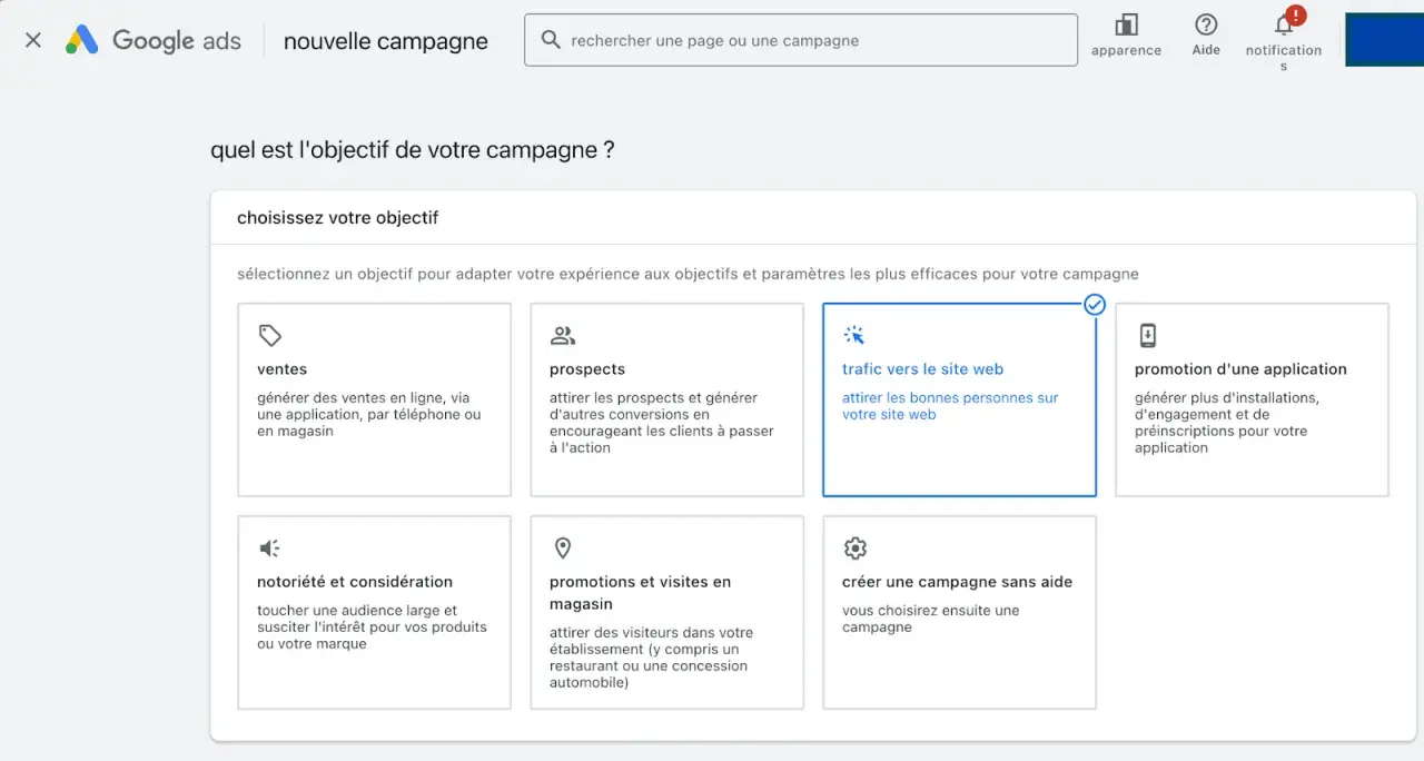 Interface Google Ads pour choisir l'objectif d'une campagne : "Trafic vers le site web" est sélectionné.