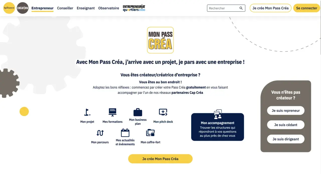 Page d'accueil Mon Pass Créa pour la création d'entreprise. Aide à la reprise d'entreprise et à la création.
