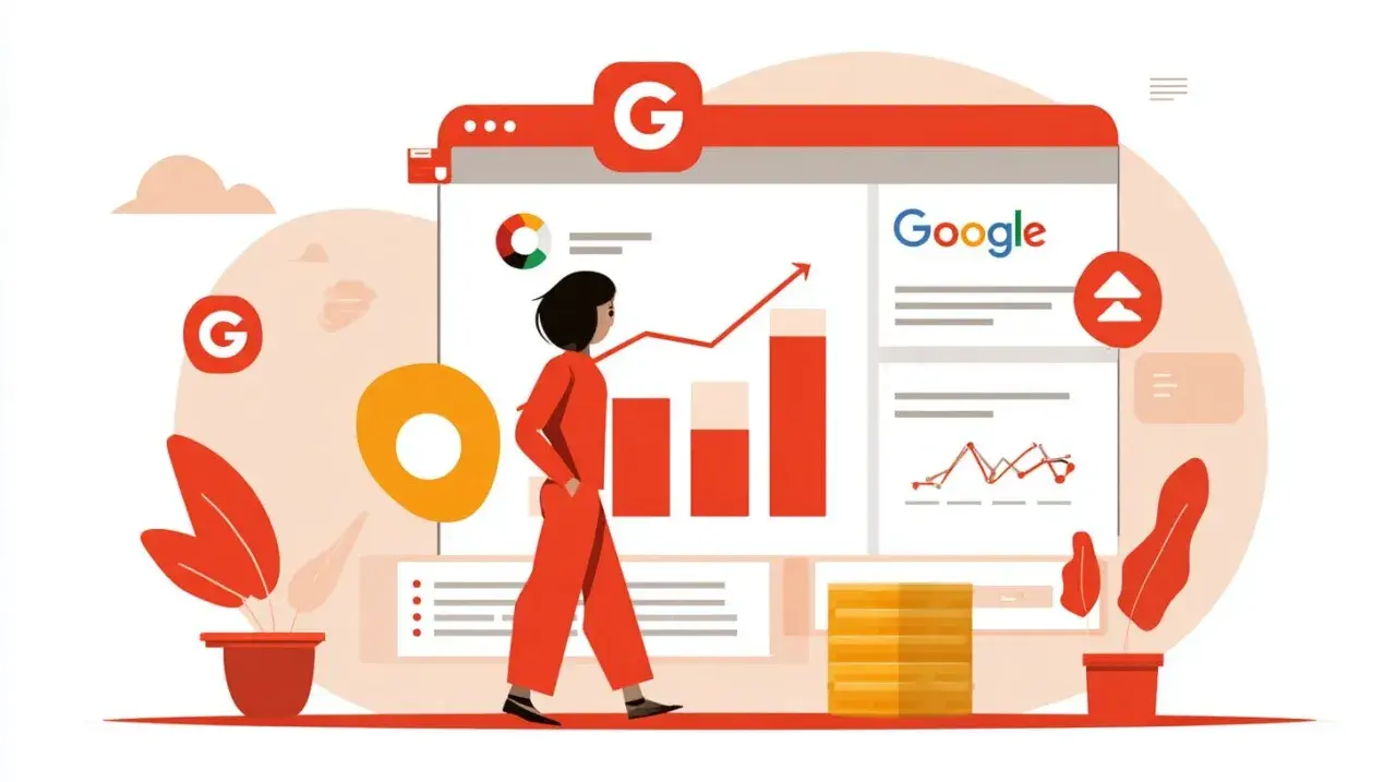 Une personne analyse les données d'une campagne search Google Ads, avec des graphiques montrant une croissance.