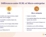 Tableau comparatif des différences entre EURL et Micro-entreprise, incluant les formalités, la comptabilité et les cotisations pour un eurl auto entrepreneur.