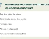 Illustration d'un document avec une loupe, détaillant les mentions obligatoires du registre des mouvements de titres de SAS : date de création, dénomination sociale, forme juridique, adresse et numéro RCS.