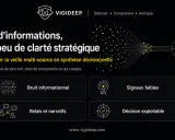 VIGIDEEP transforme la veille multi-source en synthèse décisionnelle. L'image illustre ce type de veille avec des concepts comme "Bruit informationnel", "Signaux faibles", "Relais et narratifs" et "Décision exploitable".