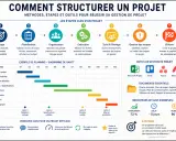 Un modèle de plan de projet illustre les 7 étapes clés, un diagramme de Gantt, des outils et des principes pour une gestion de projet réussie.