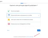 Interface Google Ads pour créer une campagne. L'utilisateur choisit un objectif, comme "Générer plus de ventes". Une option pour activer le mode Expert est visible.