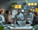 Cinq collègues discutent dans un bureau moderne, illustrant une **société** dynamique et collaborative.