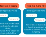 Schéma comparant l'intégration fiscale et le régime mère-fille. La holding (société mère) gère ses filiales. Le régime mère-fille permet une exonération d'impôt sur les dividendes.