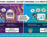 Comparaison entre l'ego-design (fiction) et le design centré utilisateur (vérité) pour la structure d'une page web. Le premier mène à la déconnexion, le second à la confiance.