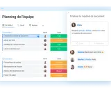 Tableau de planification d'équipe. Un exemple de note de cadrage pour "Finaliser le matériel de lancement" est visible, avec des statuts "Fait" et "En cours".