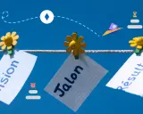Des notes "Vision", "Jalon" et "Résultat" sont accrochées sur une corde, symbolisant les jalons d'un projet informatique.
