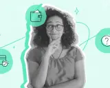 Jeune femme réfléchit à un **clause résolutoire exemple**. Icônes de portefeuille, carte bancaire et point d'interrogation suggèrent des décisions financières complexes.