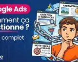 Un jeune homme réfléchit aux étapes d'une campagne intelligente Google Ads : création d'annonces, mots-clés, paramètres et suivi.