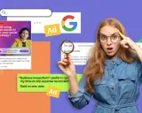 Une jeune femme perplexe examine des exemples de Google Ads, dont une publicité Hootsuite et des résultats sponsorisés pour la location de voitures.