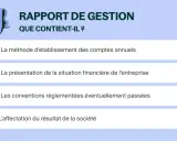 Le rapport de gestion détaille la méthode d'établissement des comptes annuels, la situation financière, les conventions et l'affectation du résultat.