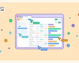 Interface de gestion de projet avec plusieurs projets en simultané, affichant des barres colorées sur une ligne de temps.